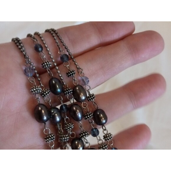 Layered Freshwater Pearl & Silvertone Bead Necklace 18, 19 & 20 in + 2 in ext - Picture 4 of 5